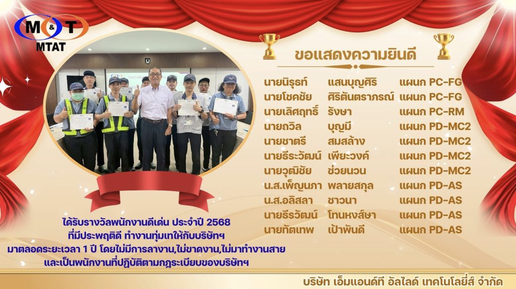 ประกาศพนักงานดีเด่น ประจำปี 2568 บริษัท เอ็มแอนด์ที อัลไลด์ เทคโนโลยีส์